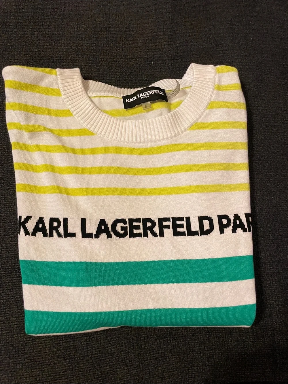 Karl Lagerfeld Kids Short-Sleeve Striped Tee in White, Teal & Black
